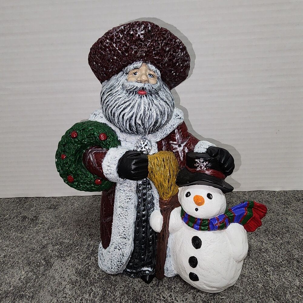 Vintage 1999 Hand Painted Ceramic Santa with Snowman Figurine Maroon Coat Broom